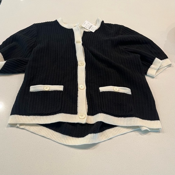 NEW J Crew Short Sleeve Lady Cardigan Button Up Black & White Sweater- XL - Picture 5 of 10